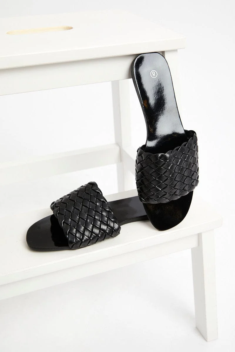 Black Woven Flat Slides