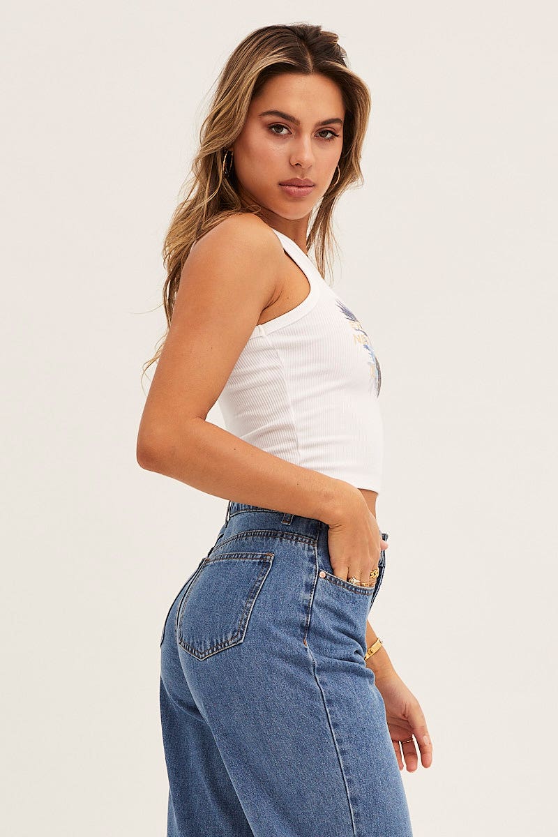 White Graphic Tank Sleeveless Crop Rib Jersey