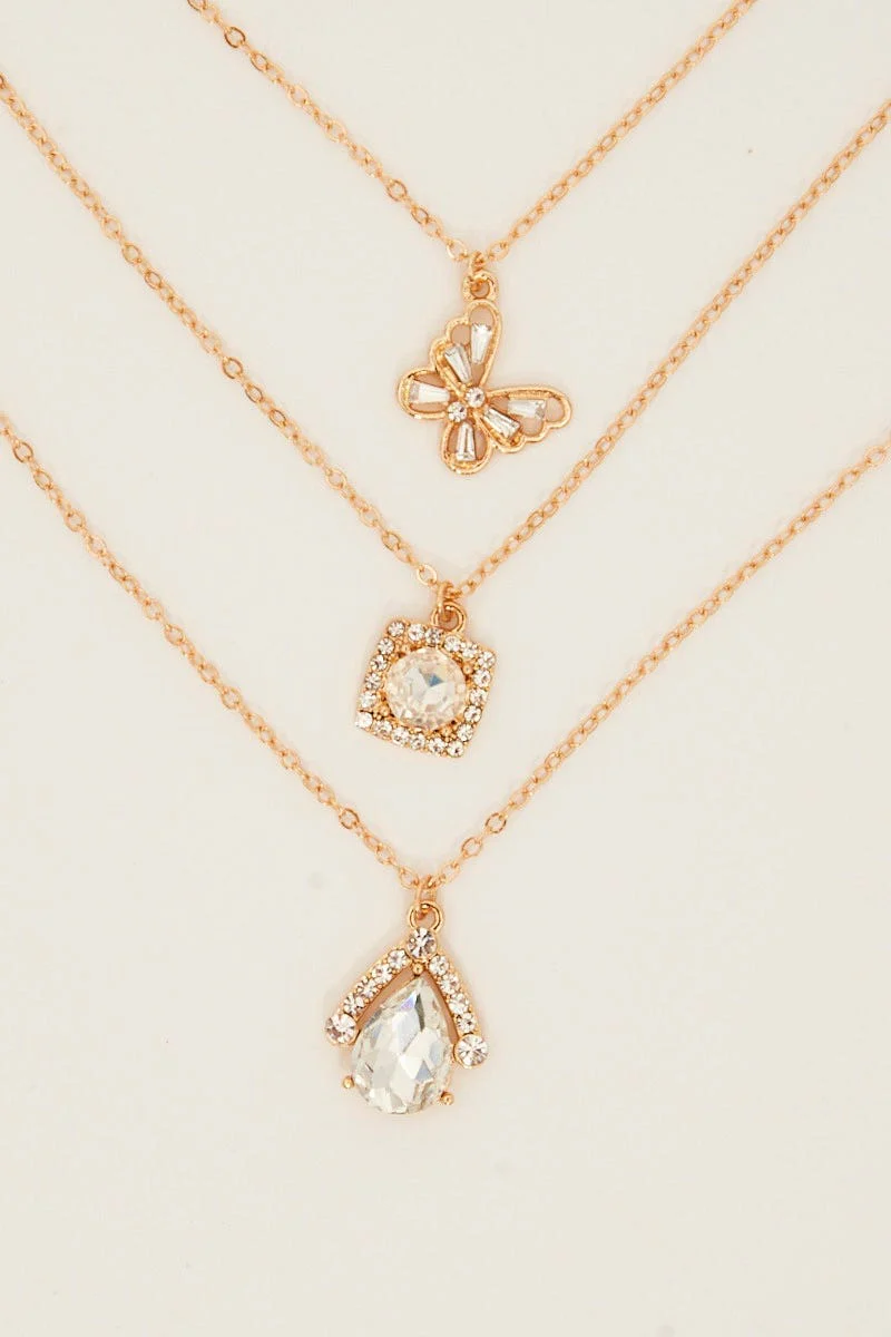 Gold Butterfly And Zircon Charm Necklace Set