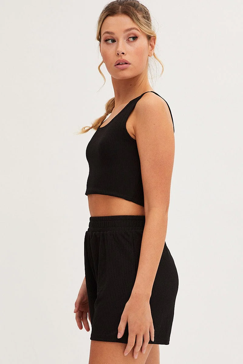 Black Rib Jersey Crop And Shorts Set