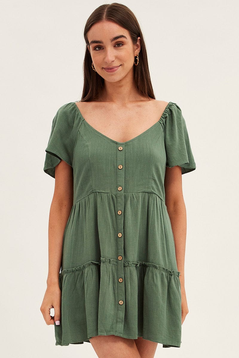 Green Dress Square Neck Short Sleeve Tiered Button Front
