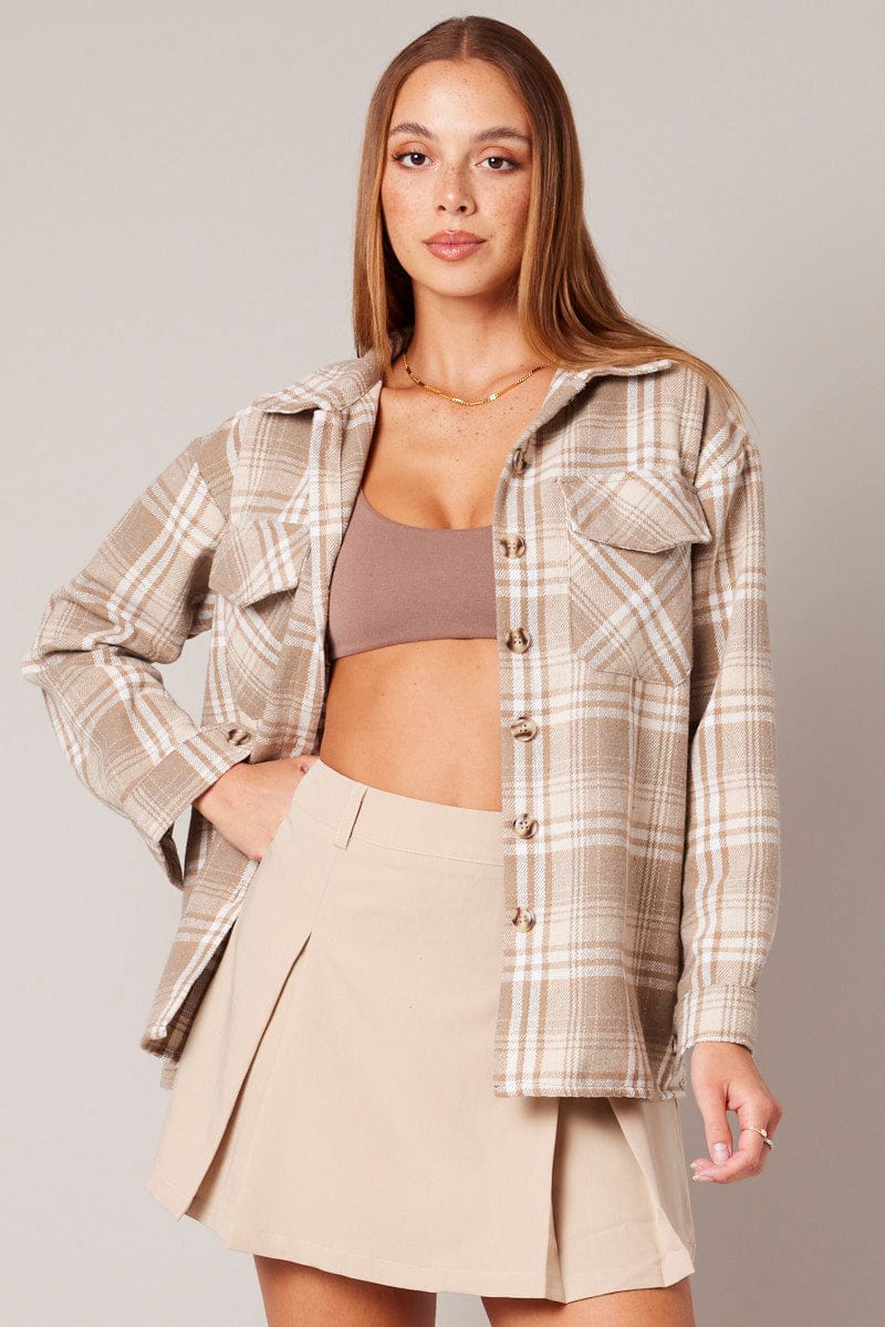 Beige Check Relaxed Shirt Long Sleeve