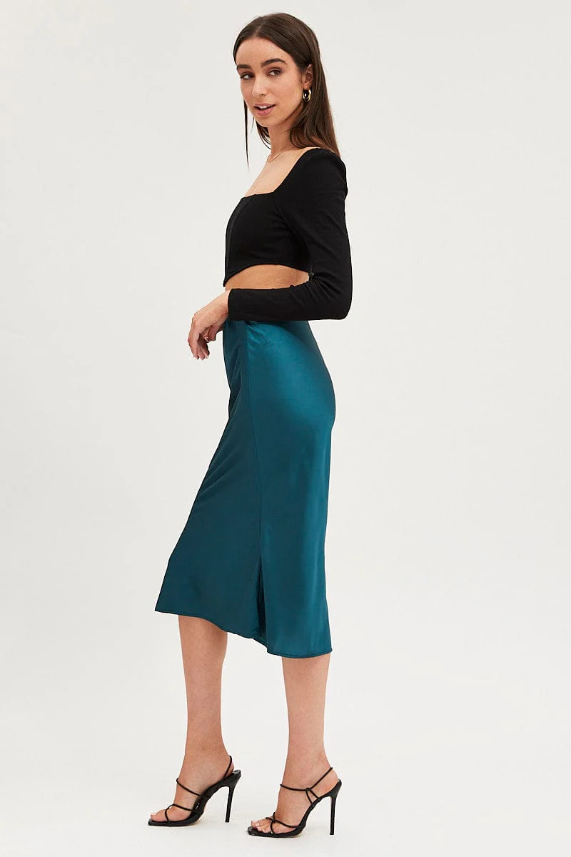 Blue Slip Skirt Midi Satin
