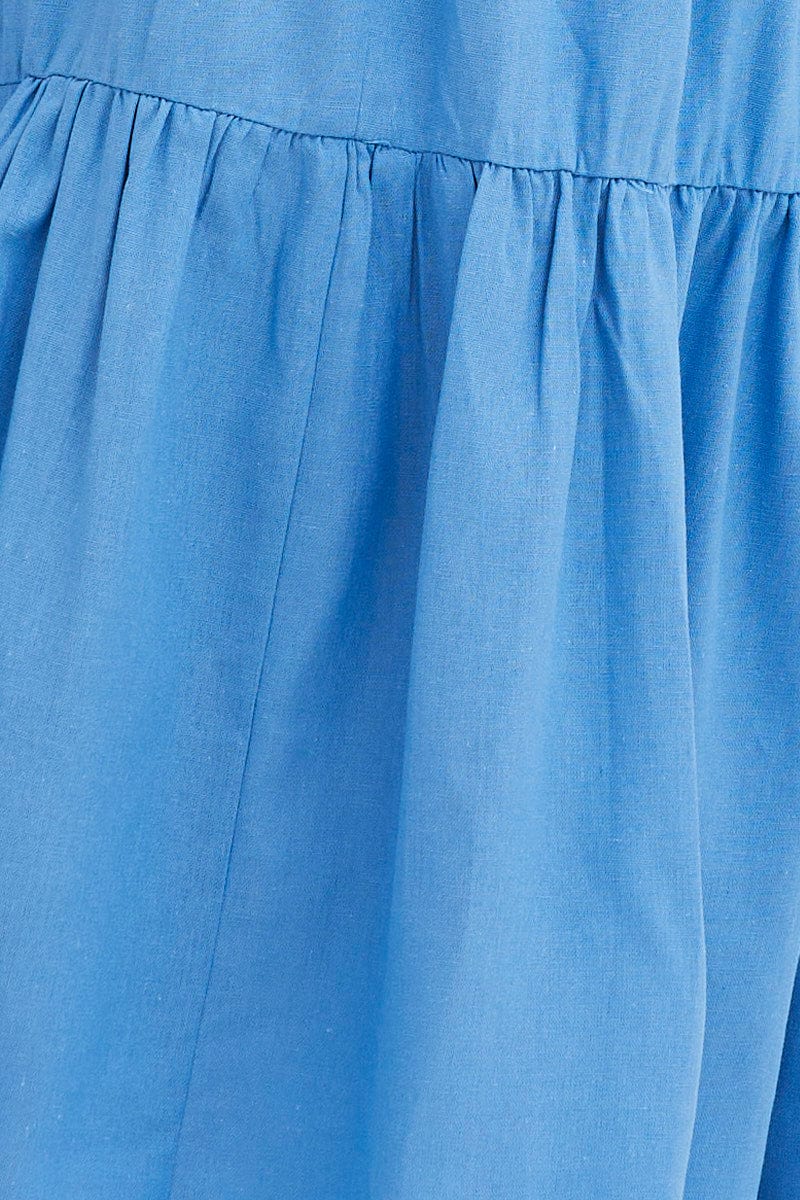 Blue Maxi Dress Sleeveless Square Neck Linen Blend