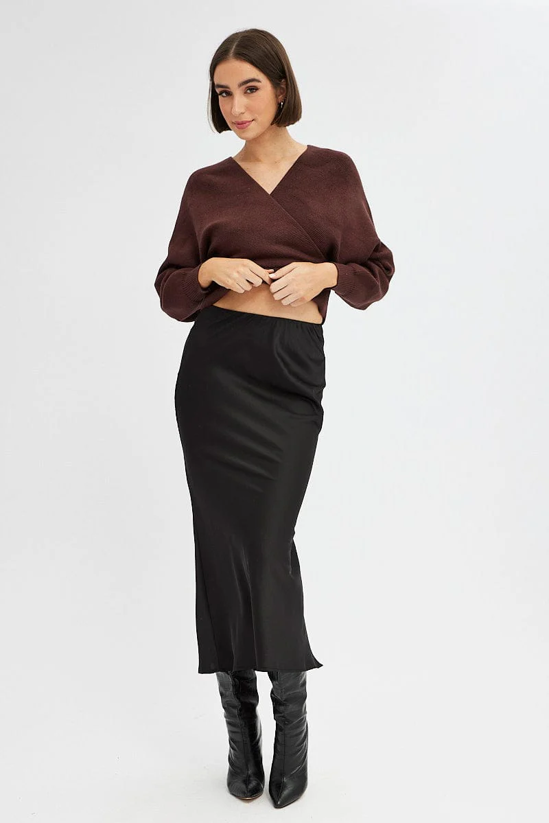 Brown Knit Top Long Sleeve Cross Over
