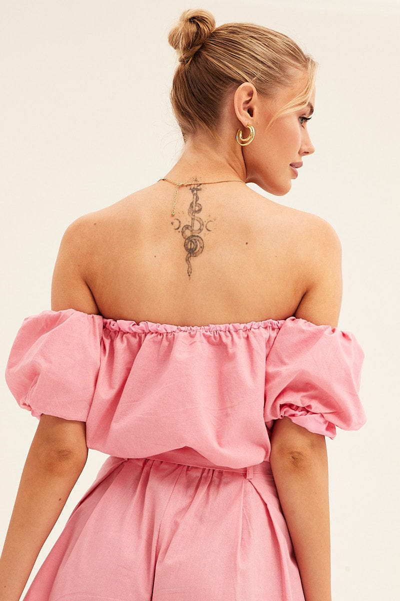 Pink Crop Top Off Shoulder Puff Sleeve