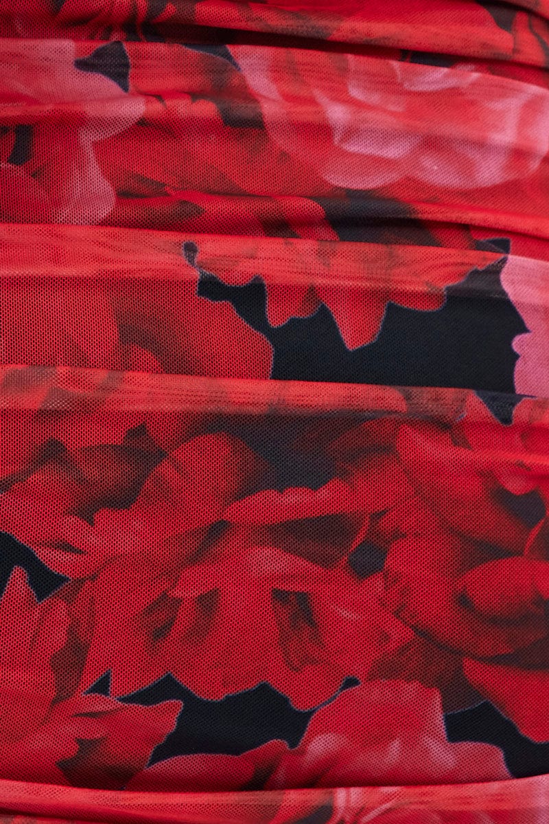 Red Floral Mesh Top Long Sleeve Off Shoulder Frill Lined