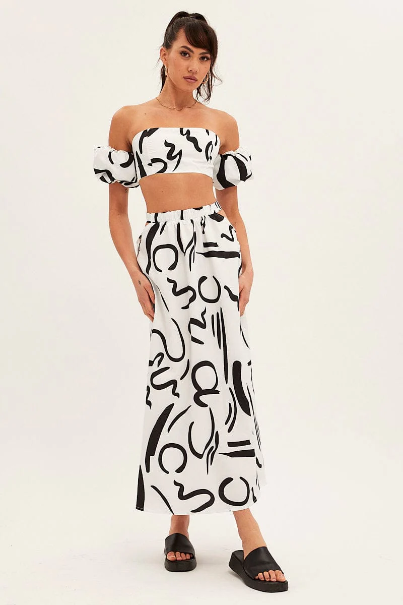 White Abstract Abstract Off Shoulder Crop Top