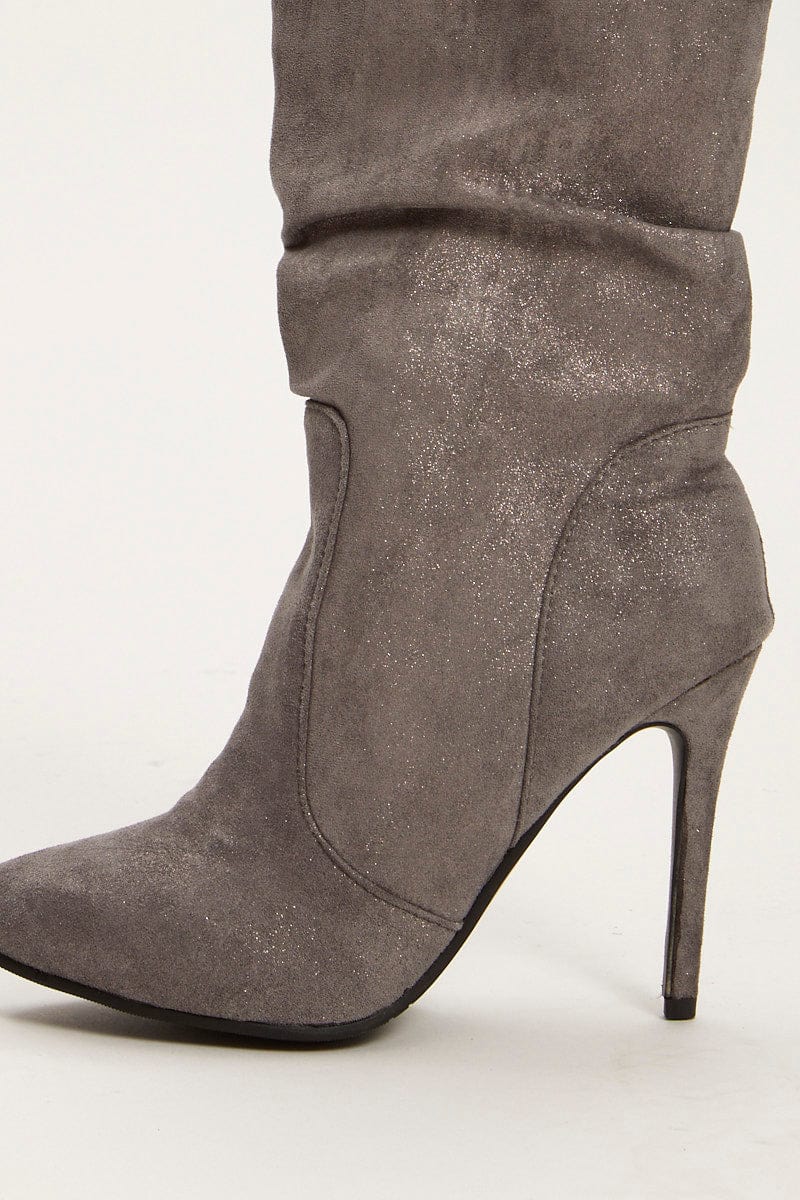 Grey Suedette Heeled Boots