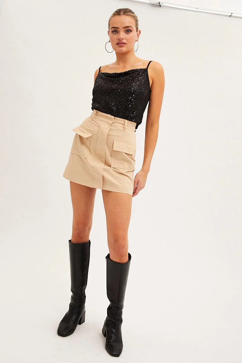 Black Sequin Top Sleeveless Cowl Neck Party Singlet
