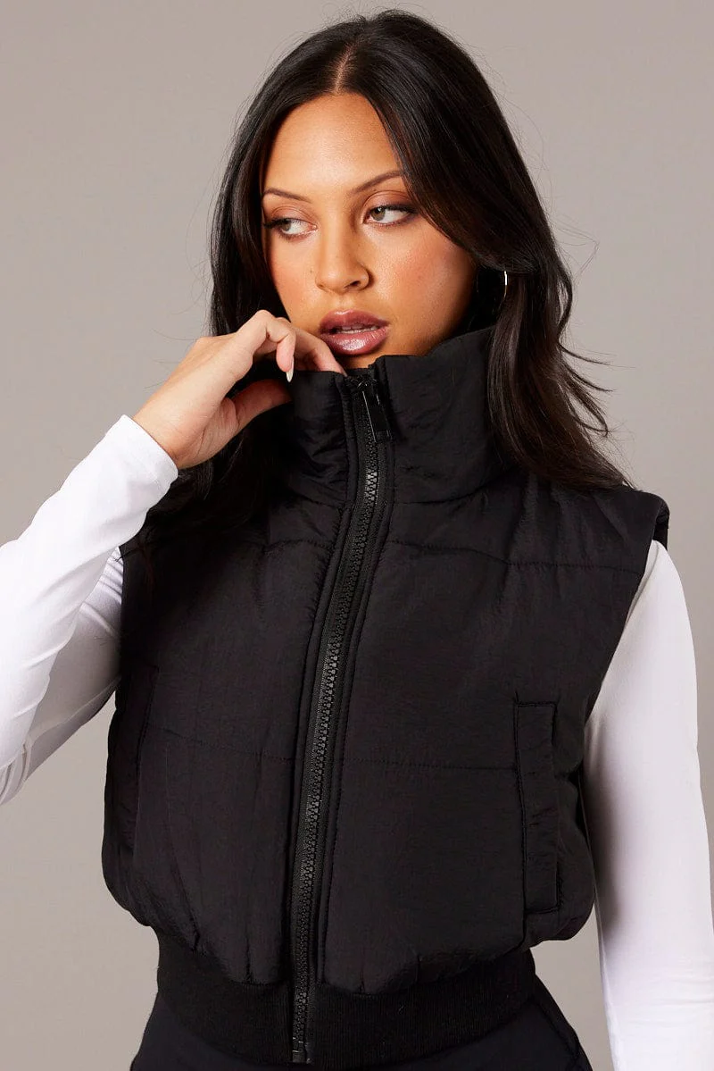 Black Short Puffer Jacket Sleeveless with Pockets