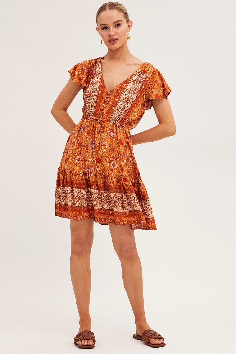 Boho Print Smock Dress Short Sleeve Mini V Neck