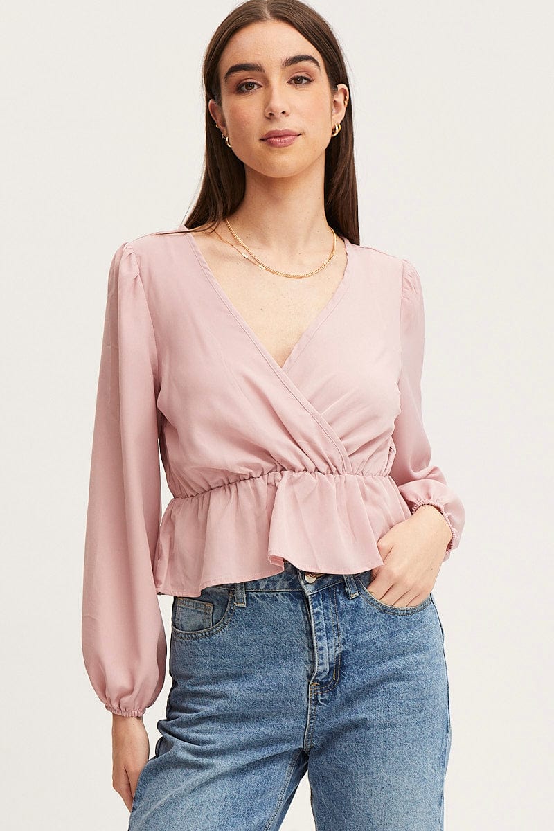 Pink Wrap Front Top Long Sleeve