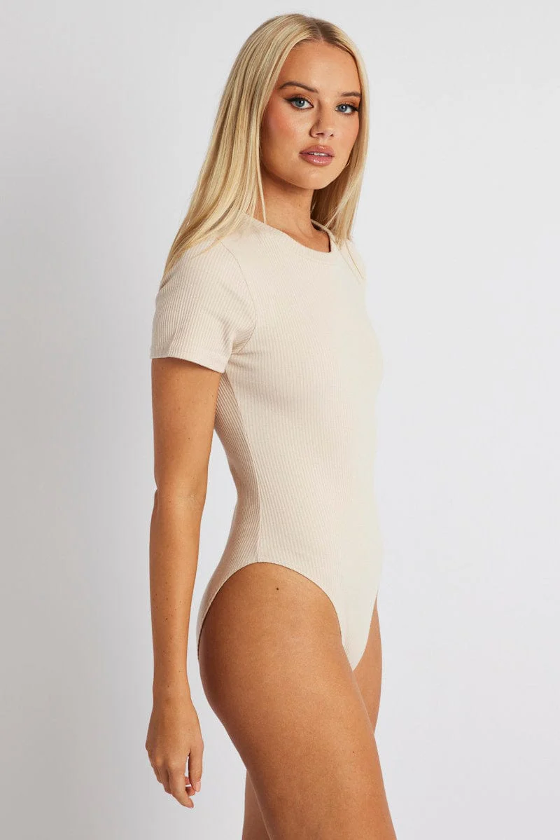 White Bodysuit Short Sleeve Crew Neck Rib Jersey