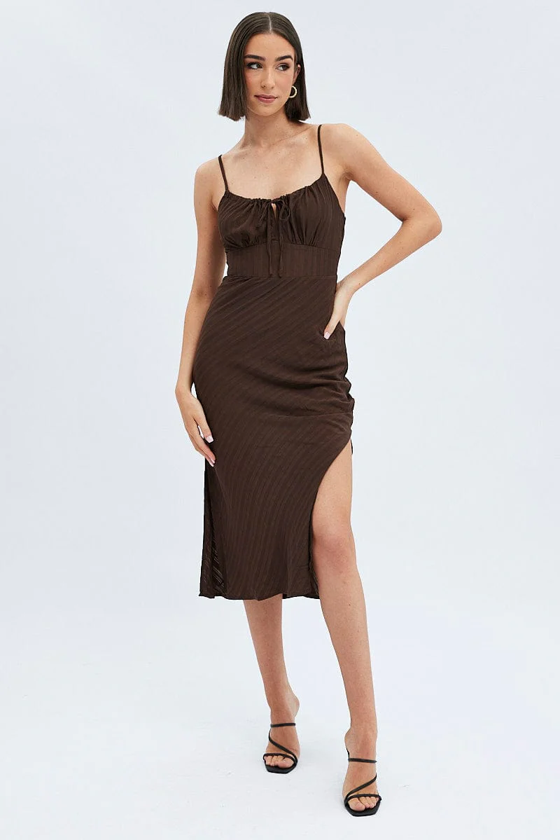 Brown Maxi Dress Sleeveless Ruched Bust Self Check