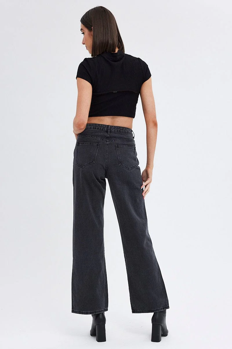 Grey Wide Leg Denim Jeans High rise