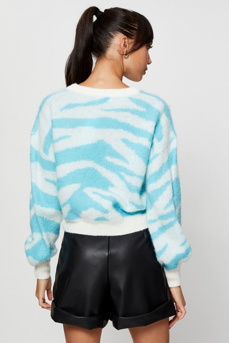 Blue Abstract Print Knit Top Long Sleeve Relaxed Round Neck