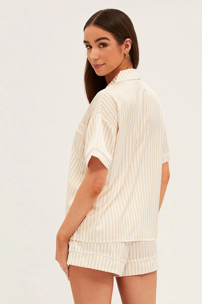 Brown Stripe Pyjamas Set Short Sleeve Collared Shorts Satin