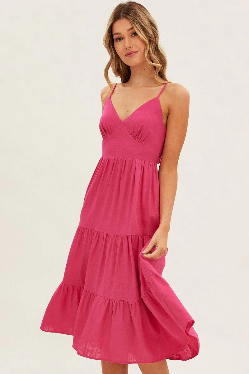 Pink Midi Dress Sleeveless V Neck Tiered Linen Blend