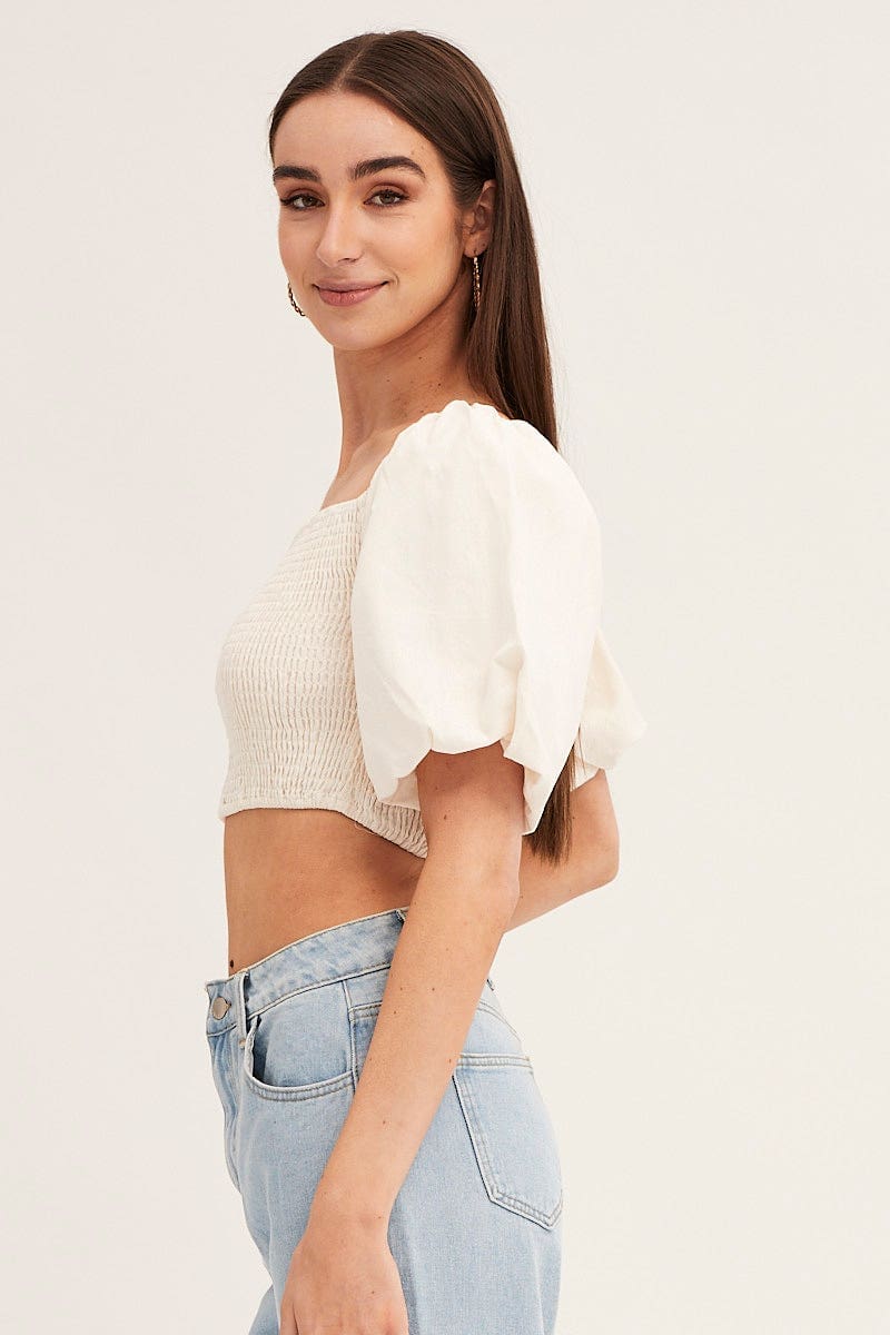 White Linen Blend Half Sleeve Shirred Cropped Top