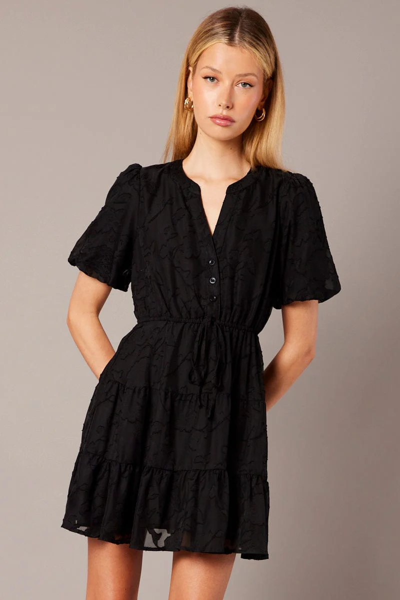 Black Fit And Flare Dress Puff Sleeve Burnout Fabric