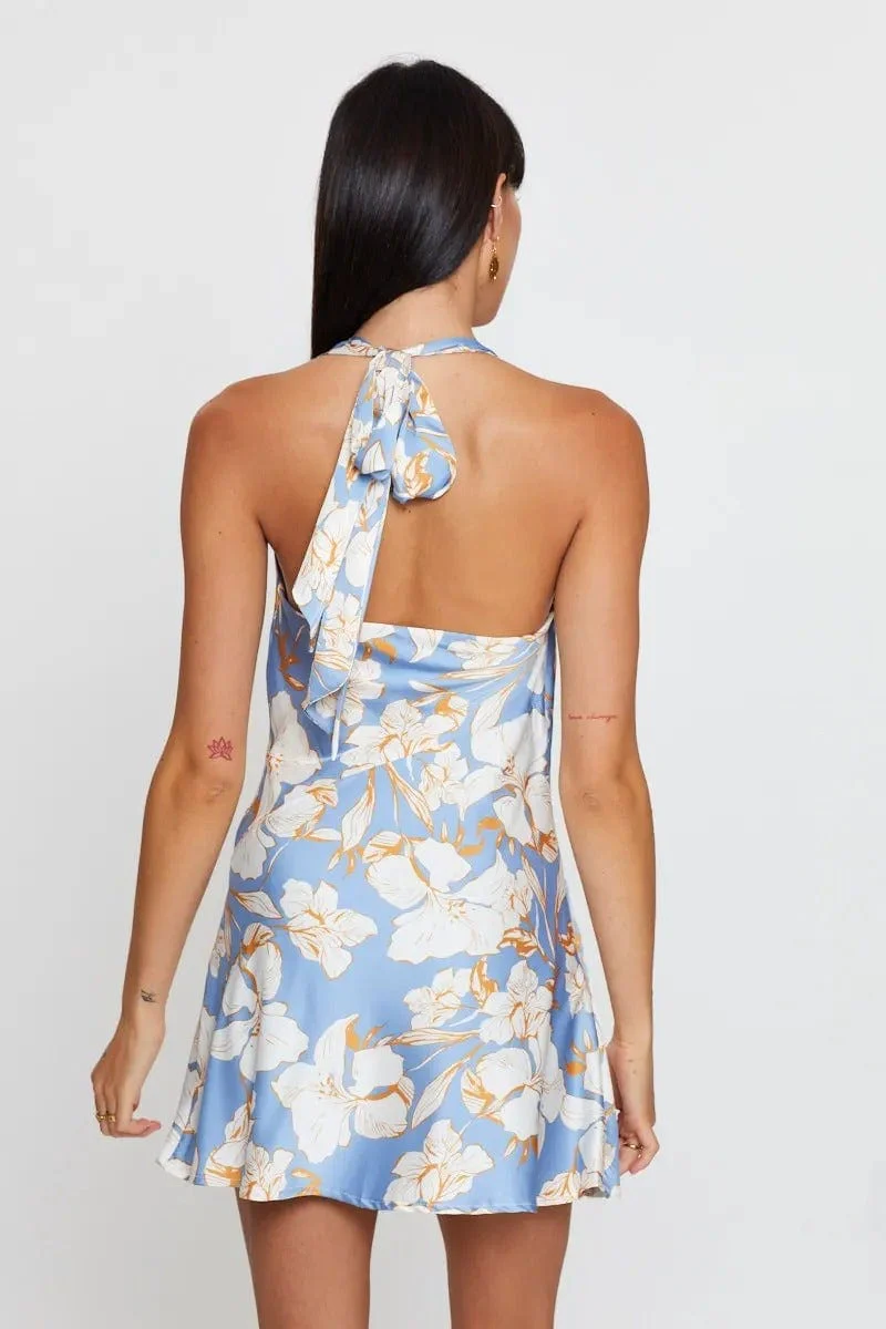Print Slip Dress Evening Halter Neck Satin