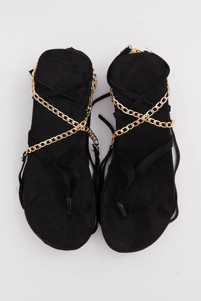 Black Chain Decor Tie Leg Toe Post Wedge Thong Sandals
