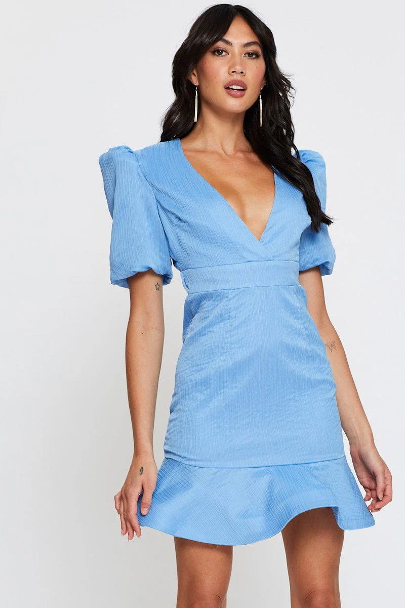 Blue Mini Dress V Neck