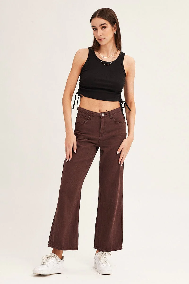 Black Drawstring Top Sleeveless Crew Neck Rib