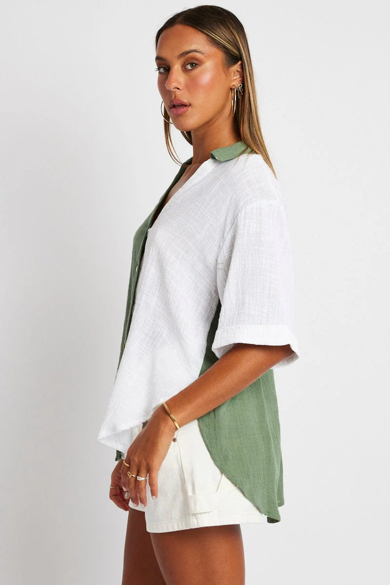 Green Colour Block Shirt Half Sleeve Relaxed
