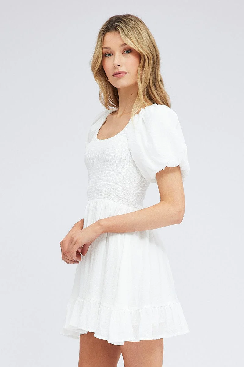 White Fit And Flare Dress Shirred Bust Mini