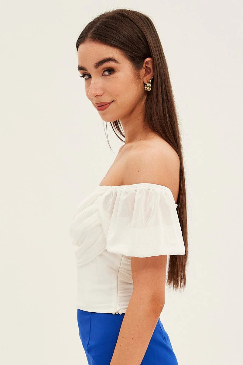 White Crop Top Short Sleeve Cowl Neck Mesh