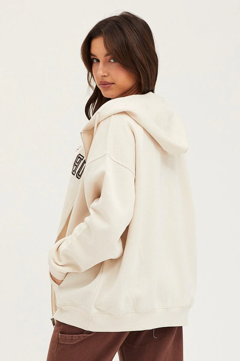 Beige Graphic Jacket Long Sleeve Oversized