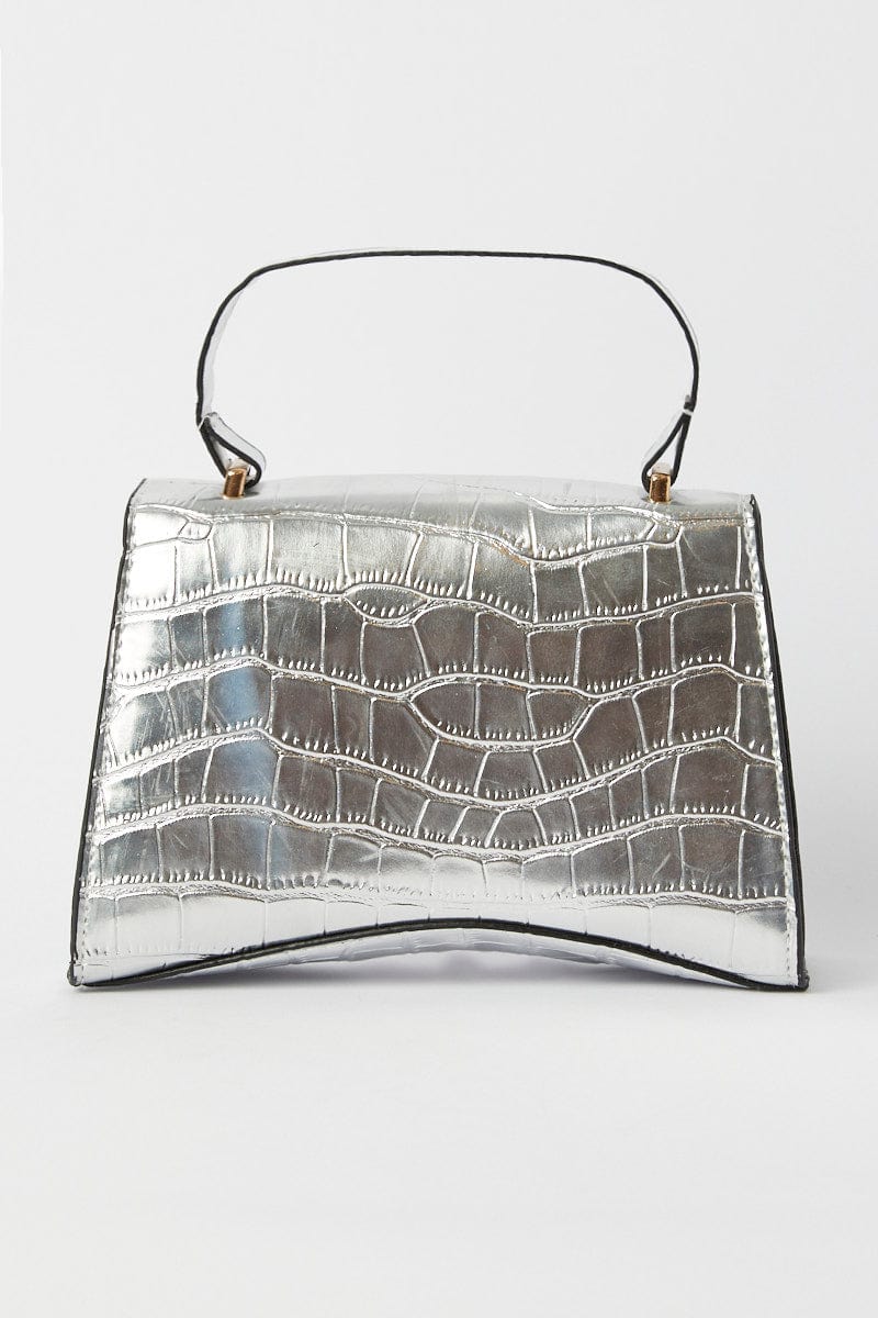 Silver Croc Top Handle Crossbody Bag