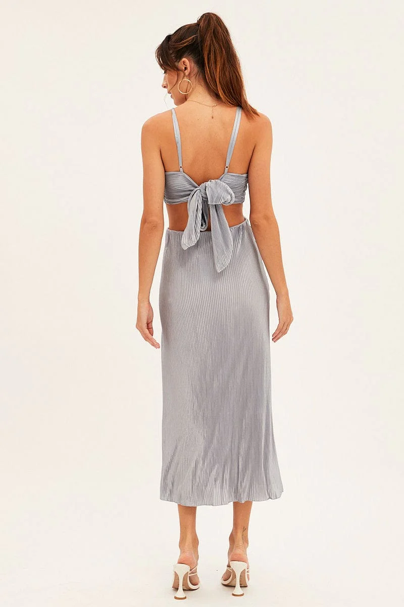 Blue Plisse Midi Dress Tie Back