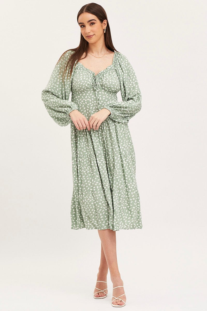 Geo Print Dress Long Sleeve Midi