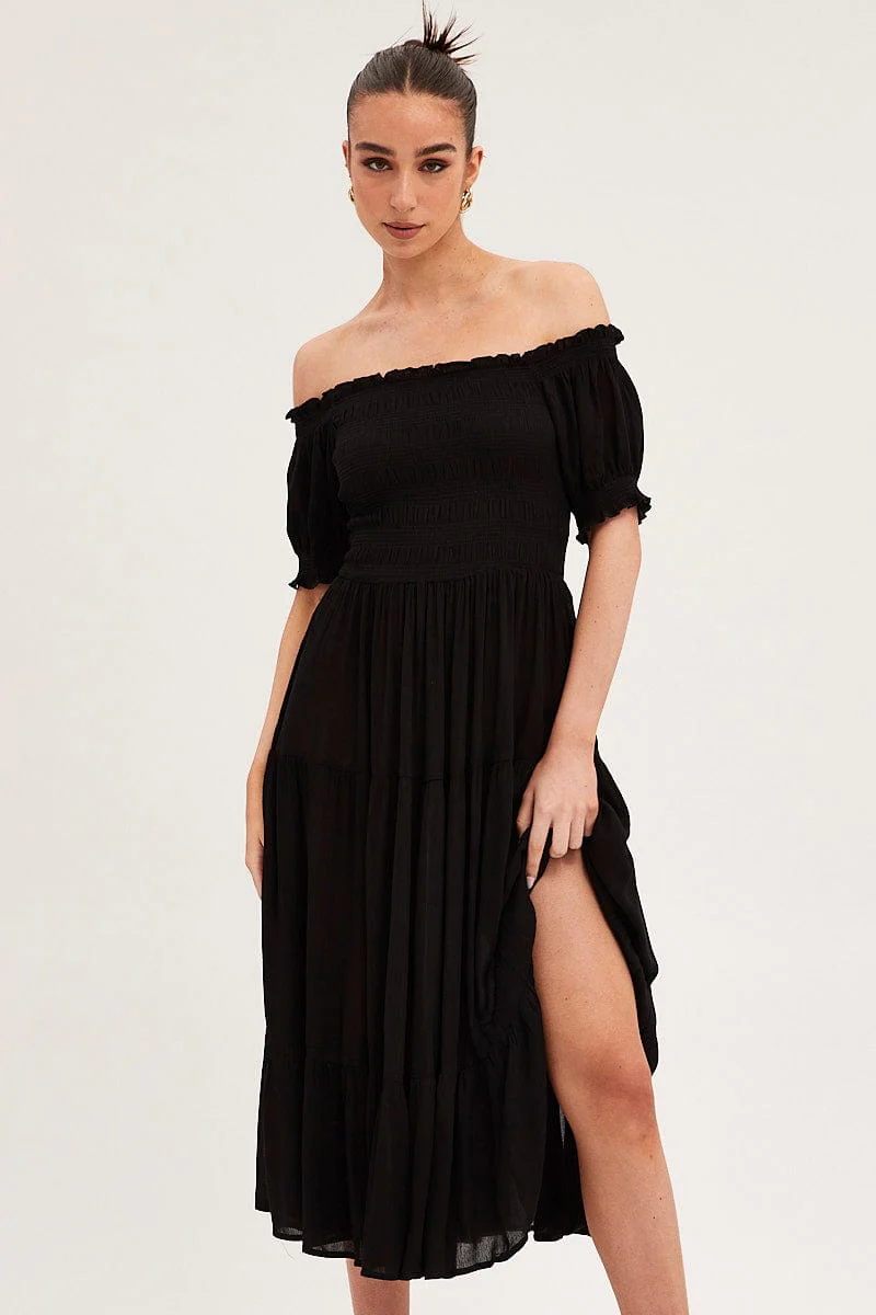 Black Maxi Dress Puff Sleeve Square Neck