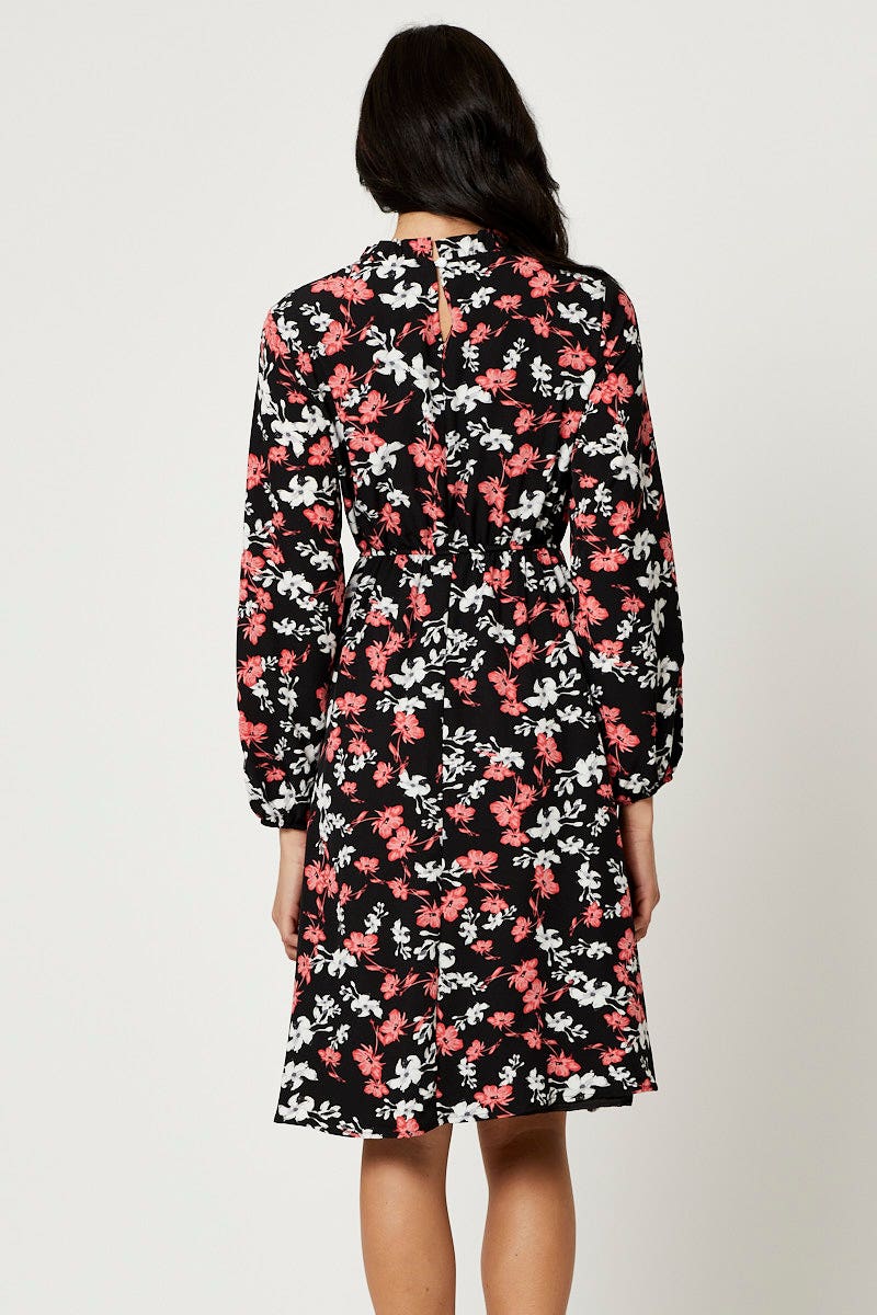 Print High Neck Floral Midi Dress