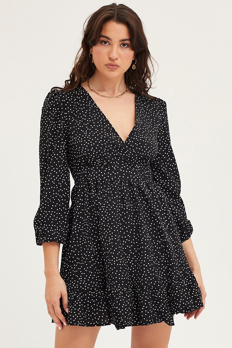 Polka Dot Wrap Dress Long Sleeve Mini