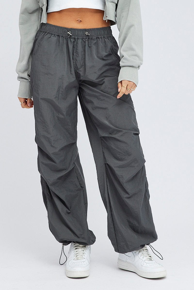 Grey Parachute Cargo Pants Low Rise