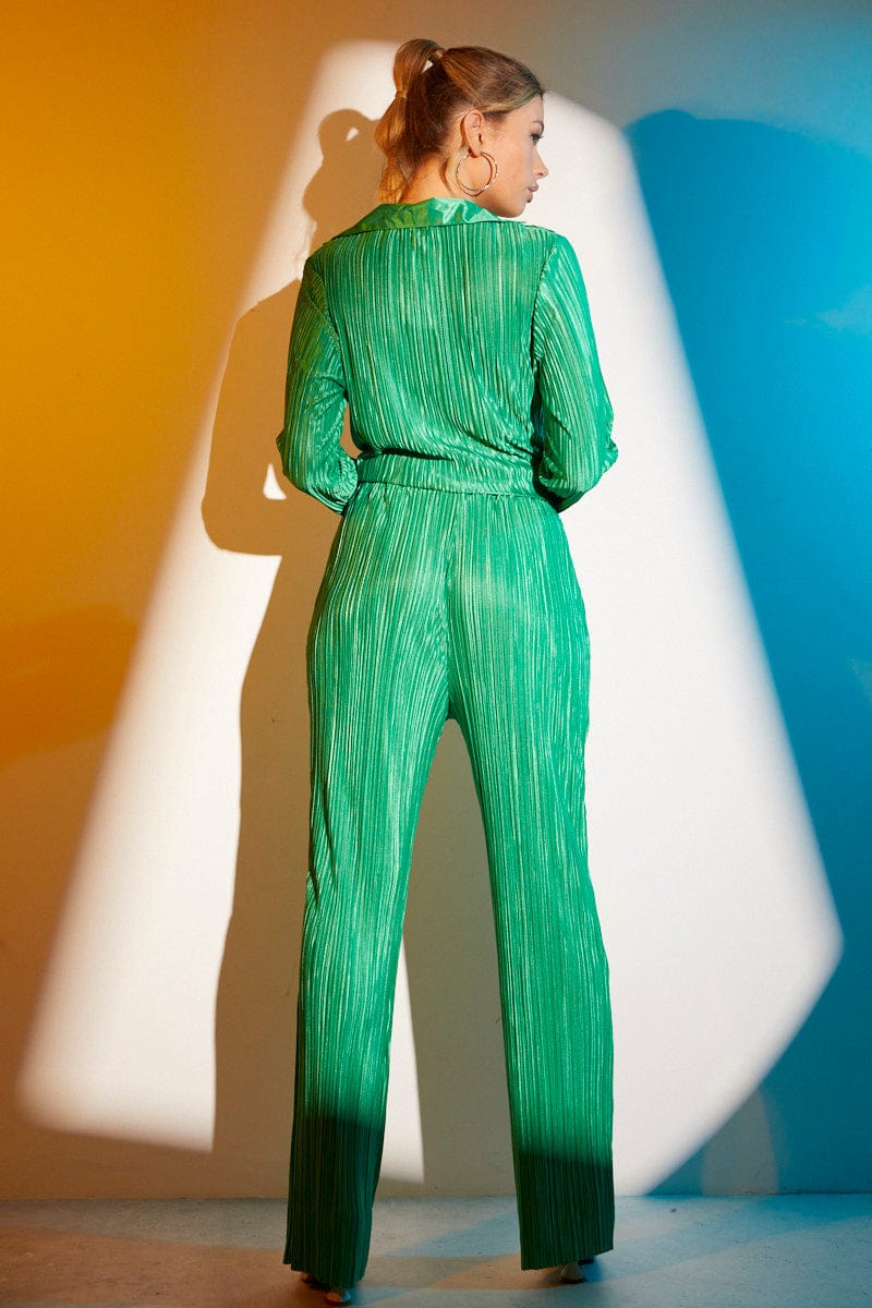 Green Plisse Pant Wide Leg