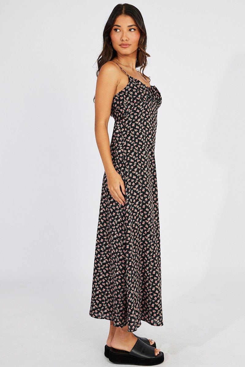 Black Floral Maxi Dress Gathered Bust Strappy
