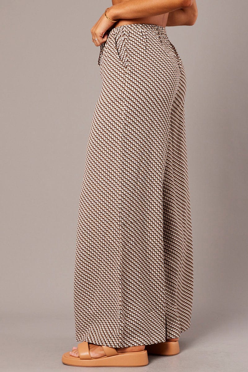 Brown Geo Wide Leg Pants High Rise