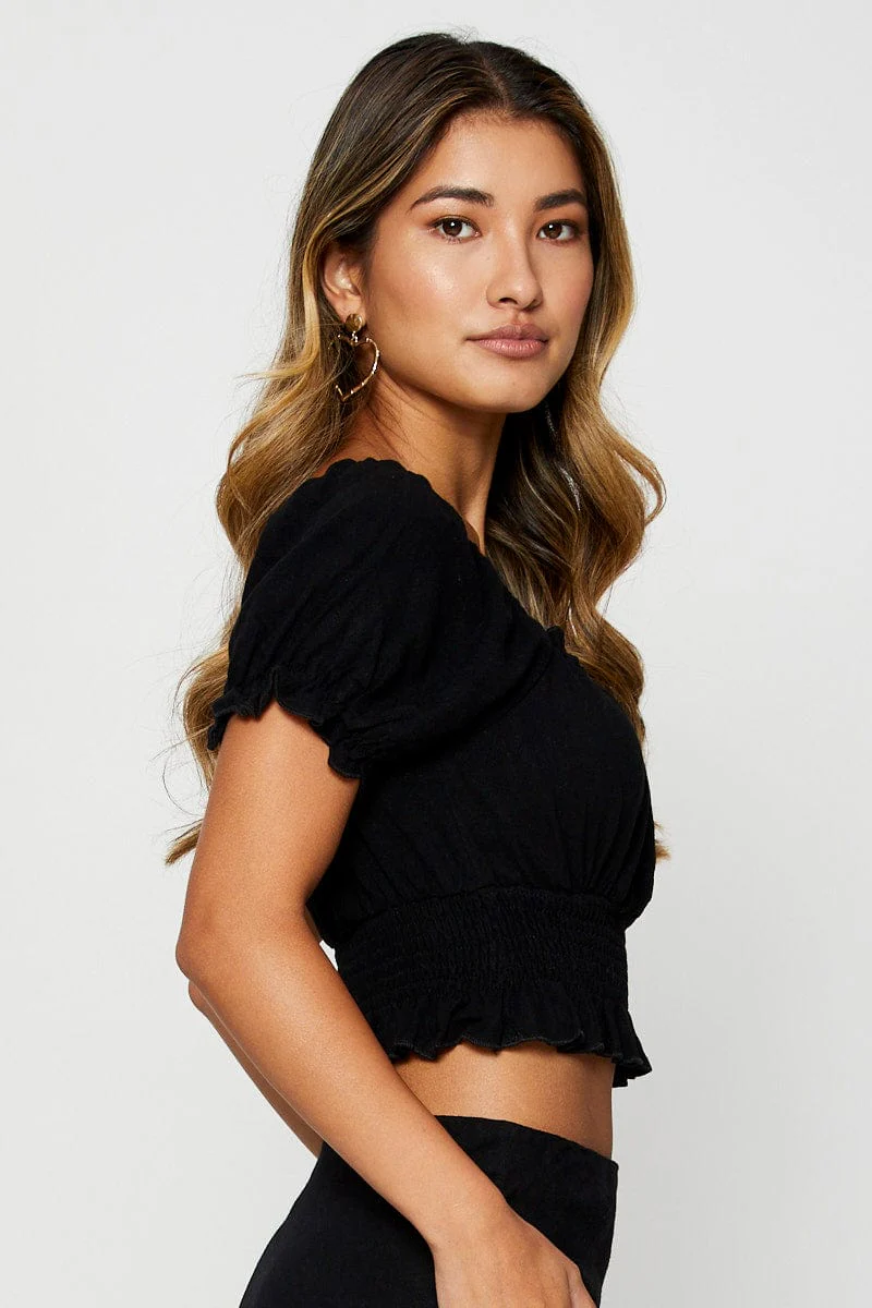 Black Puff Sleeve Top Short Sleeve Crop