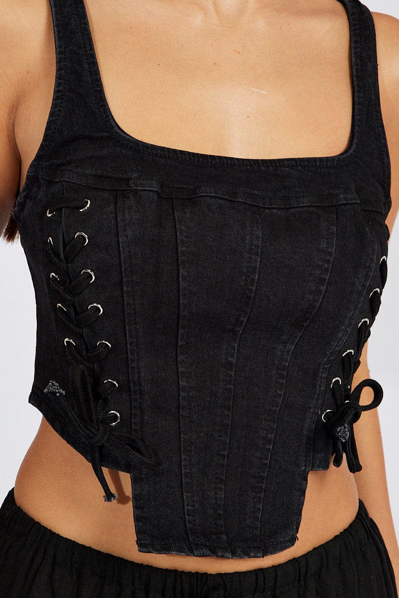 Black Corset Sleeveless Scoop Neck Lace Up Stretch