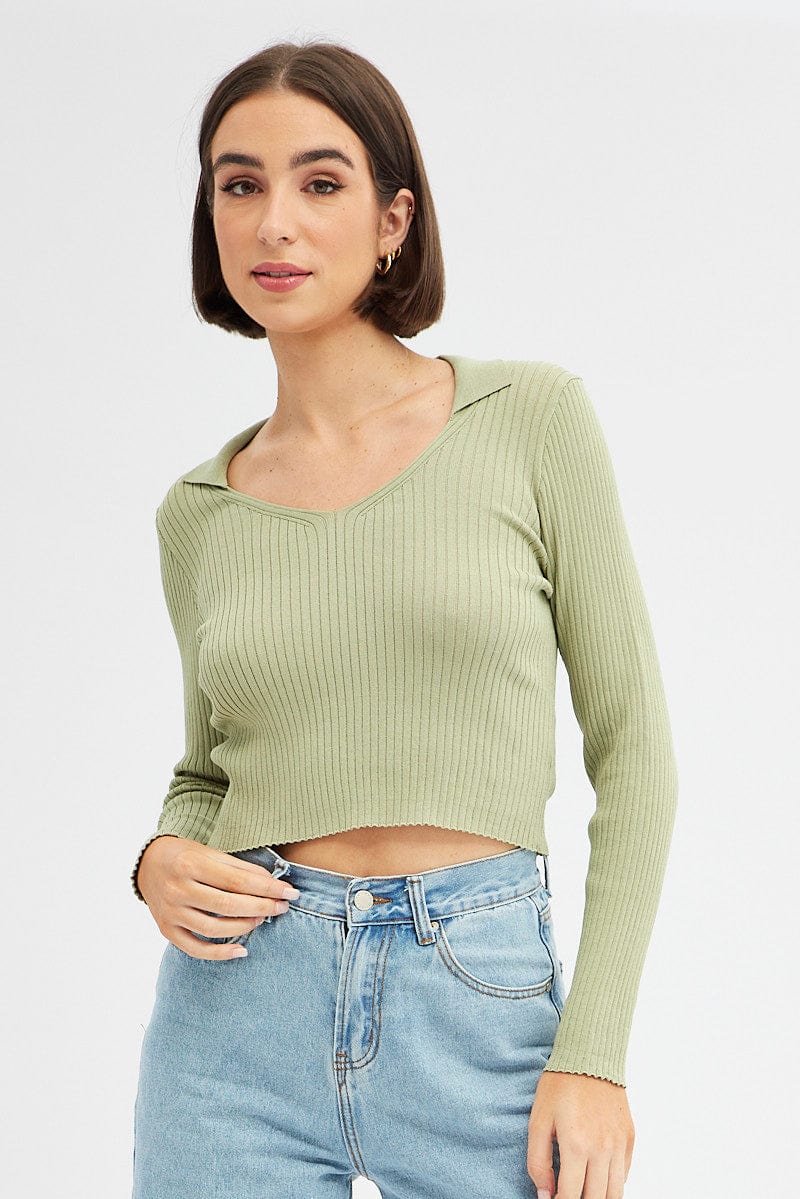 Green Long Sleeve Knit Collar Semi Crop Top