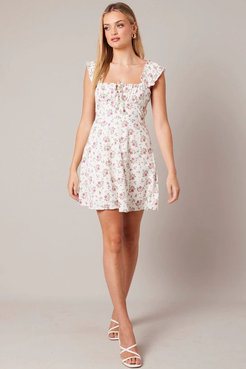 Pink Floral Fit And Flare Dress Mini