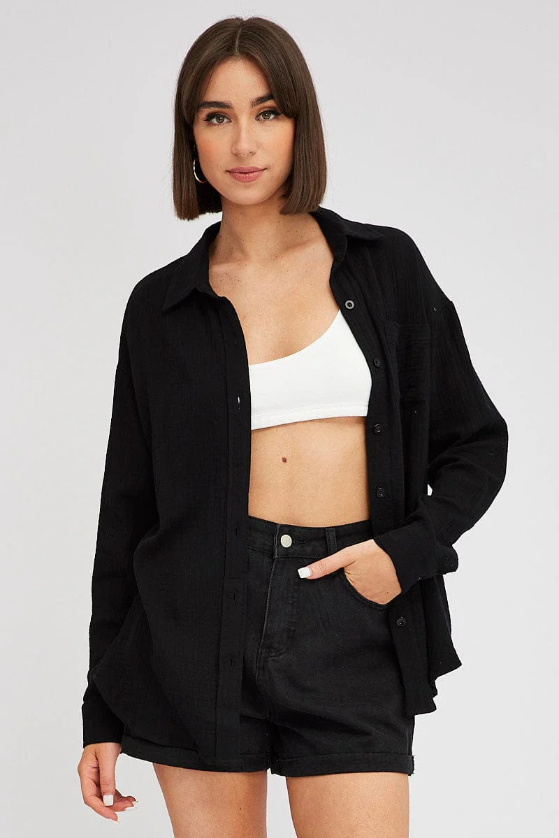 Black Oversized Shirt Long sleeve Collared Neck