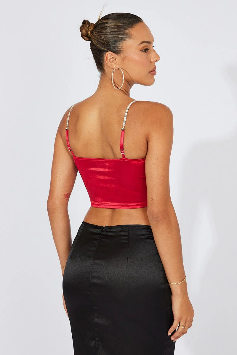 Red Satin Cami Sleeveless Diamante Strap