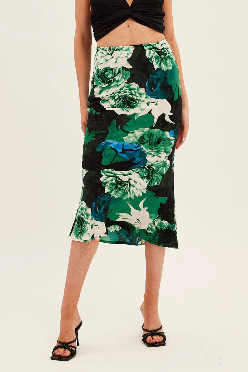 Green Floral Slip Skirt Midi Floral Satin